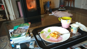 Breakfast in front of the pellets burner - it was a cold house we started in